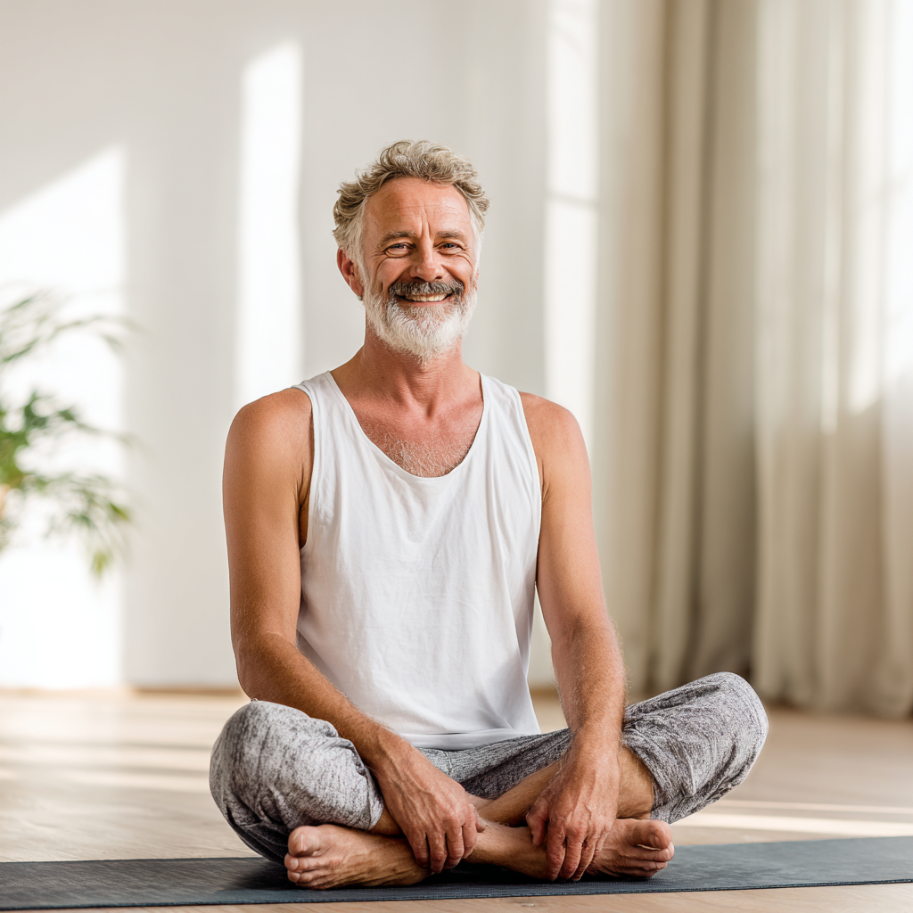 Мъж на 58 години в удобна йога поза за начинаещи, усмихнат и релаксиран в светла стая