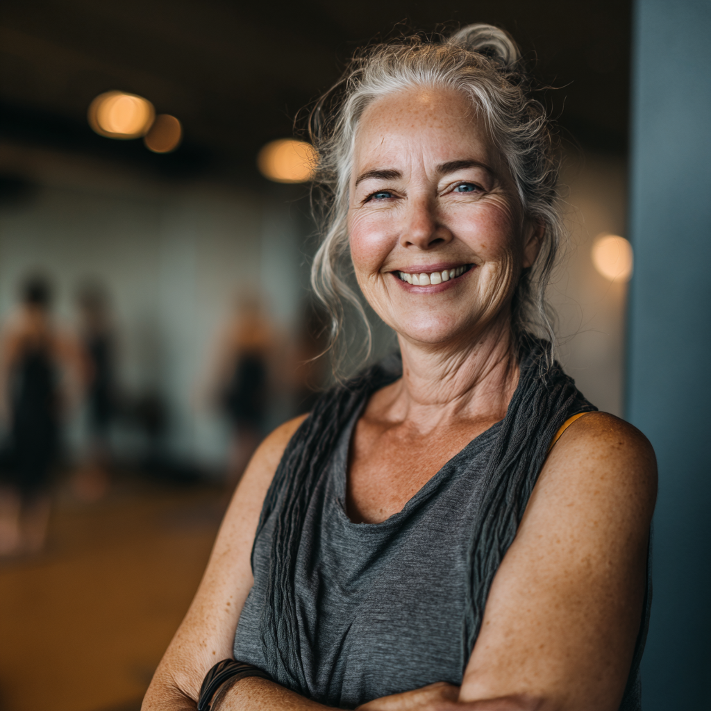 Жена на 52 години в йога студио, усмихната и готова за първото си занятие, заобиколена от спокойна атмосфера