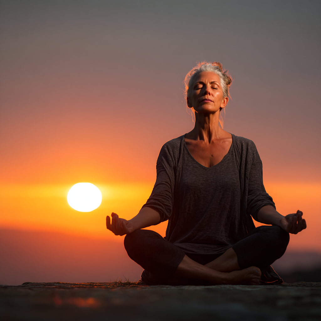 Жена на 55 години в йога поза lotus на залез слънце, изглежда спокойна и балансирана