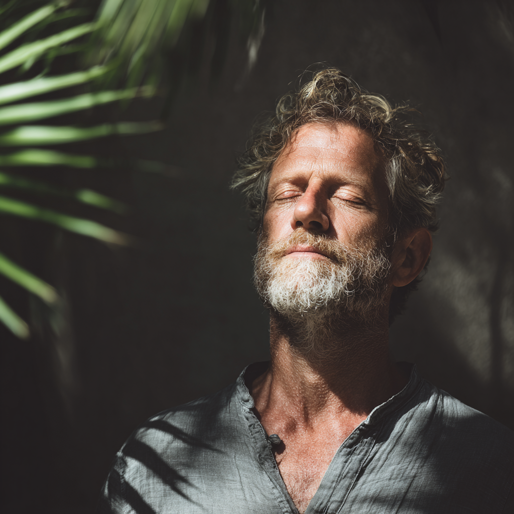Спокоен мъж на 56 години в медитативна поза, очите му са затворени, заобиколен от природа и спокойствие
